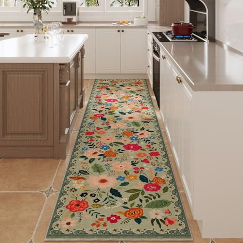 Rugcomf Runners for Hallways Kitchen Runner Rug Non Slip 2'x 10' Long Washable Rugs with Rubber Backing Soft Floral Carpet Runner for Hallways, Kitchen, Laundry, Bedroom, Bathroom(Green) - color: Green, size: 2' x 10' (Rectangular)