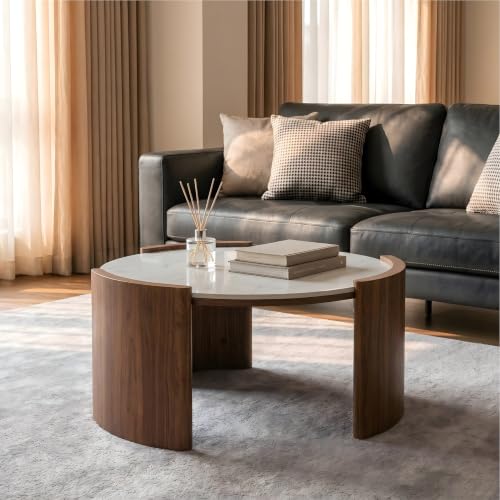 KEIKI 31.5" Round Sintered Stone Coffee Table, Glossy White Marble Look Center Table with Thick Slab Legs, Modern Circular Cocktail Table for Living Room, Apartment, Walnut White Marble - color: Walnut White Marble