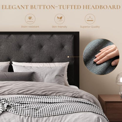 SHA CERLIN Full Size Metal Bed Frame with Linen Tufted Headboard, Dark Gray | Modern Design Heavy-Duty Platform Bed, No Box Spring Need, Linen Fabric Upholstery, Noise Free, Easy Assembly - color: Dark Grey, size: Full