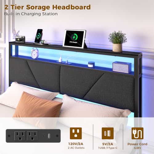 Full Size Bed Frame with Storage Headboard, 6 Drawers, LED&Charging | 2-Tier Fabric Upholstered Headboard, Charging Station&RGB Lights, No Box Spring Needed, easy assembly, Noise-Free - color: Dark Gray, size: Full