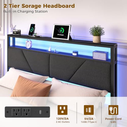 Full Size Bed Frame with Storage Headboard, 6 Drawers, LED&Charging | 2-Tier Fabric Upholstered Headboard, Charging Station&RGB Lights, No Box Spring Needed, easy assembly, Noise-Free - color: Dark Gray, size: Full