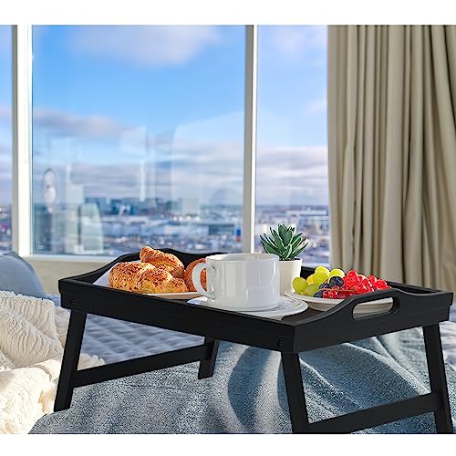 2 Pack Bed Tray Table Breakfast Trays Serving Tray Bamboo Bed Laptap with Floding Legs Handles and Phone Holders - color: Black 2 Pack
