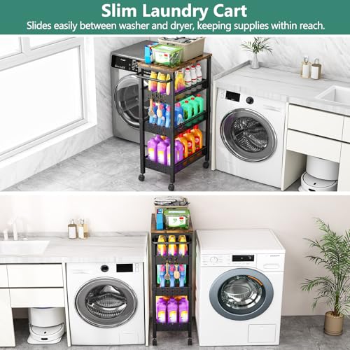 Vivihomety 4-Tier Laundry Utility Rolling Cart with Wheels, Kitchen & Bath | Narrow 8.1" wide, lockable wheels, wood top panel, metal frame, for laundry room, small spaces, pantry, tight gaps, Black - color: Black, size: 8.1 inch wide