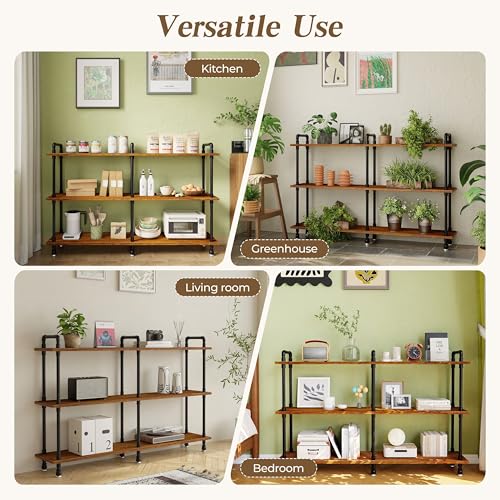 Industrial Bookshelf, Pipe Shelf Bookcase, 3 Tier, 60" Rustic Brown | Solid pine shelves, 60 inch wide, black pipe frame, 70 lbs per shelf, open bookcase for books, plants, office - color: Rustic Brown, size: 60"L × 39"H