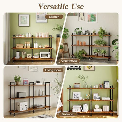 Industrial Bookshelf, Pipe Shelf Bookcase, 3 Tier, 60" Rustic Brown | Solid pine shelves, 60 inch wide, black pipe frame, 70 lbs per shelf, open bookcase for books, plants, office - color: Rustic Brown, size: 60"L × 39"H