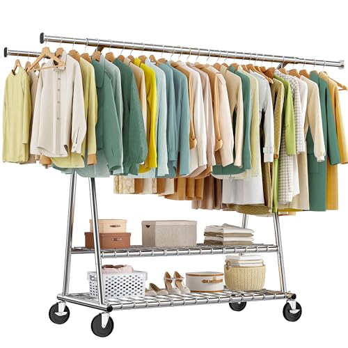 Raybee Heavy Duty Clothes Rack, 78" W Extra-Large Loads 630LBS, Expandable | Tool-Free Assembly, Double Rods & Shelves, Lockable Wheels, Commercial, Portable, For Closet, Laundry Room