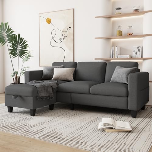 Couches for Living Room 3 Seats L Shaped Sofa with Storage Movable Ottoman | 78"Modern Linen Grey Couch 3 Seater Sofas with Chaise for Studio Apartment Office Basement Small Space, Easy Assembly - color: Dark Grey