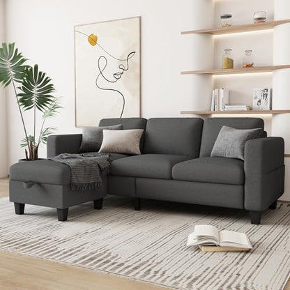 Couches for Living Room 3 Seats L Shaped Sofa with Storage Movable Ottoman | 78"Modern Linen Grey Couch 3 Seater Sofas with Chaise for Studio Apartment Office Basement Small Space, Easy Assembly - color: Dark Grey