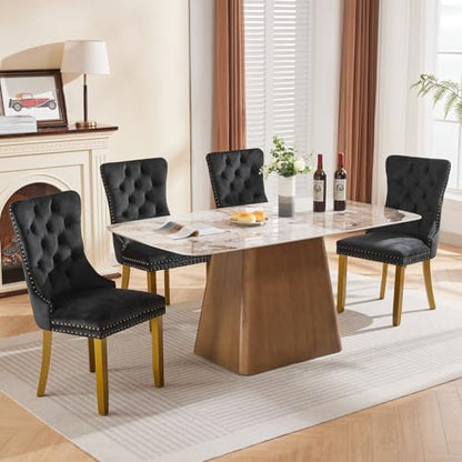 KEIKI Upholstered Mid-Century Velvet Dining Chair, Tufted Accent Seat | with Golden Solid Wood Legs for Dining Room Kitchen Room, Black - color: Black