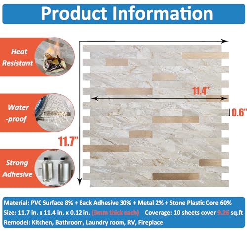 DICOFUN 10 Sheets Marble Look Peel and Stick Backsplash Wall Tile, PVC Kitchen Backsplash Peel and Stick in Light Brown, 9.4 sq.ft - color: Light Brown and Metal Gold, size: 10 Sheets, 12’’x12’’x0.12’’