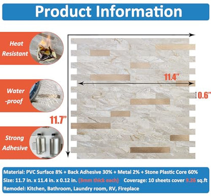 DICOFUN 10 Sheets Marble Look Peel and Stick Backsplash Wall Tile, PVC Kitchen Backsplash Peel and Stick in Light Brown, 9.4 sq.ft - color: Light Brown and Metal Gold, size: 10 Sheets, 12’’x12’’x0.12’’