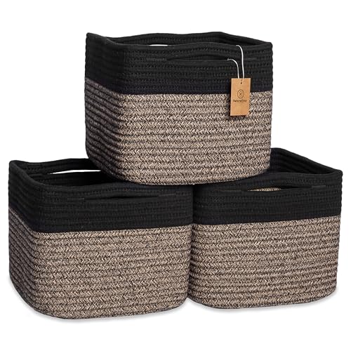 NaturalCozy Storage Cubes 9”x9”x7”Cotton Rope Woven Baskets for Organizing 3-Pack | 9 Inch Cube Storage Bin | Small Basket for Shelf Nursery, Pantry, Decorative Plant, Bathroom Closet, Toy Gift - color: Black & Mixed Black
