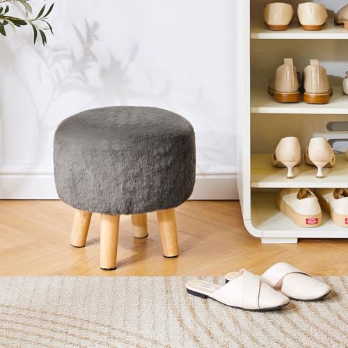 YMYNY Round Pouf Ottoman,12.6" Small Foot Stool,Dark Gray HBD035GR | Faux Fur, Wood Legs, Foot Rest for Couch, Modern Boho for Living Room Bedroom Office - color: Dark Gray