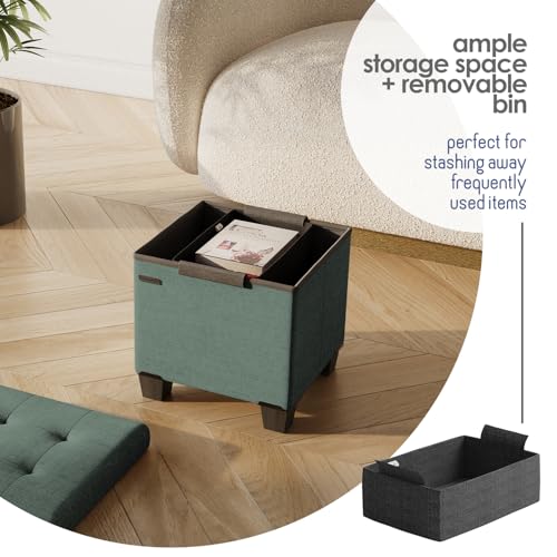 Storage Ottoman Cube with Small Bin, 15-in Square Ottoman with Storage for Living Room and Bedroom, Small Ottomans Foot Rest, Fabric Foot Stools Ottomans Max 330lbs, Green - color: 03 - Green