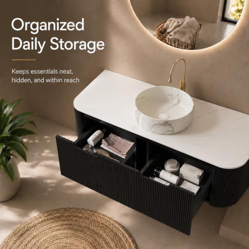48" Floating Bathroom Vanity with Sink, Wall Mounted Plywood Cabinet, Black Fluted Front, Sintered Stone Countertop, White Marble-Look Ceramic Vessel Sink, Soft-Close Drawer, Pre-Assembled - color: Black Cabinet / White Marble Sink, size: 48 Inch