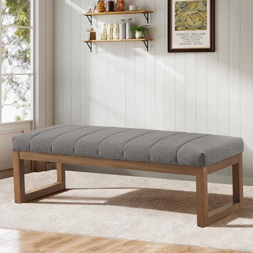 Zihanhome 52.7" Bedroom Bench for End of Bed, Modern Upholstered Teddy Fabric Entryway Bench & Dining Bench, Footrest Stool Bench with Solid Wood Frame for Bedroom, Living Room (Light Grey) - color: Light Grey