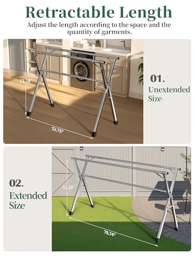 Folding Stainless Steel Laundry Drying Rack 79 Inches | Heavy-duty stainless steel, Foldable & Retractable, Holds up to 150 lbs, Includes 20 windproof hooks for indoor & outdoor use - size: 79''