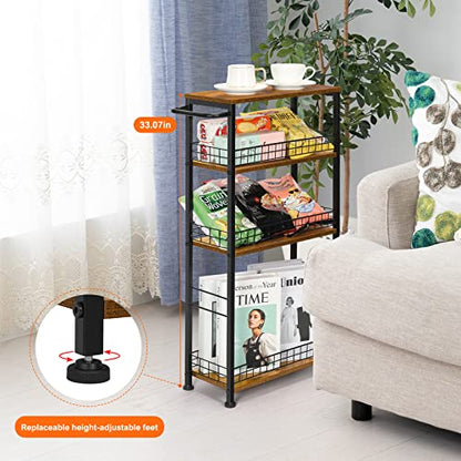 YBING Slim Storage Cart 4 Tier Narrow Kitchen Rolling Cart | Wooden Tabletop, Mobile Utility Stand on Wheels, For Bathroom Laundry Narrow Places, Rustic Brown 16.5"L x 7.3"W x 34.6"H - color: Browm