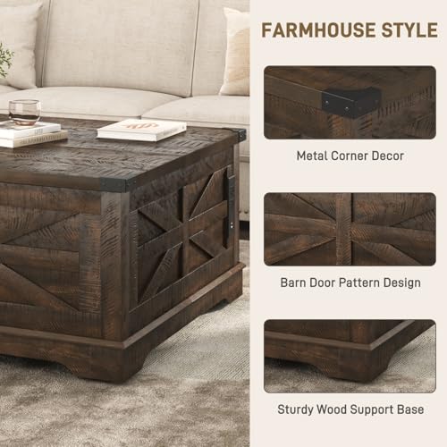 Hlivelood 36" Farmhouse Movable Lift Top Coffee Table with Storage and Power Outlets, Square Wood Living Room Tables with Wheels&Large Hidden Space, Lift Wooden Barn Door Center Table, Brown - color: Brown