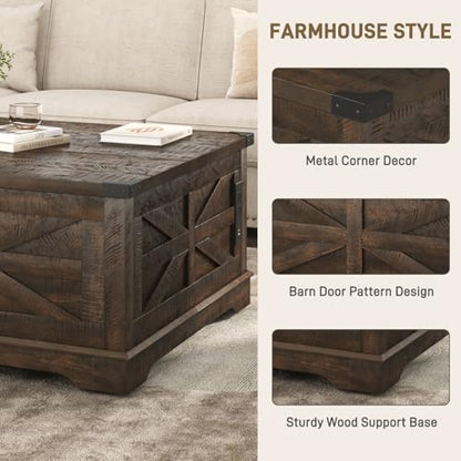 Hlivelood 36" Farmhouse Movable Lift Top Coffee Table with Storage and Power Outlets, Square Wood Living Room Tables with Wheels&Large Hidden Space, Lift Wooden Barn Door Center Table, Brown - color: Brown