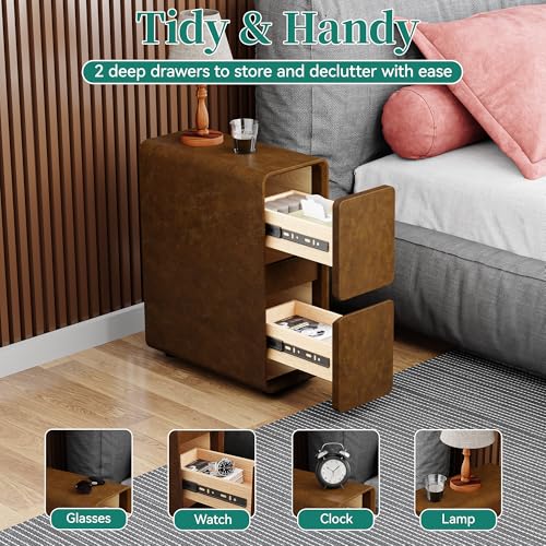 7.8" W Faux Leather Narrow Nightstand, Modern Fully-Assembled Bedside Table with 2 Drawers, Wood Night Stand Small Accent End Table & Side Table for Bedroom, Brown - color: Brown, size: 8in
