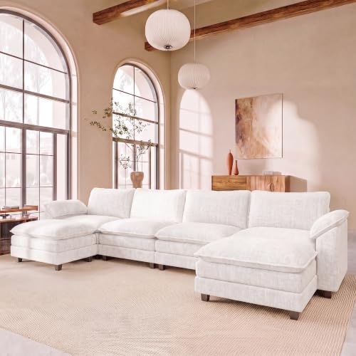 JUMMICO 159" U-Shaped Shaped Sectional Couch, Modular Cloud Sofa, White | 2 Movable Ottoman,4 Deep Seats, Sturdy Frame, Comfy Chenille, Easy Assembly, Sleeper Sofa for Living Room, Apartment - color: White, size: U Shaped Sofa