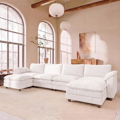 JUMMICO 159" U-Shaped Shaped Sectional Couch, Modular Cloud Sofa, White | 2 Movable Ottoman,4 Deep Seats, Sturdy Frame, Comfy Chenille, Easy Assembly, Sleeper Sofa for Living Room, Apartment - color: White, size: U Shaped Sofa