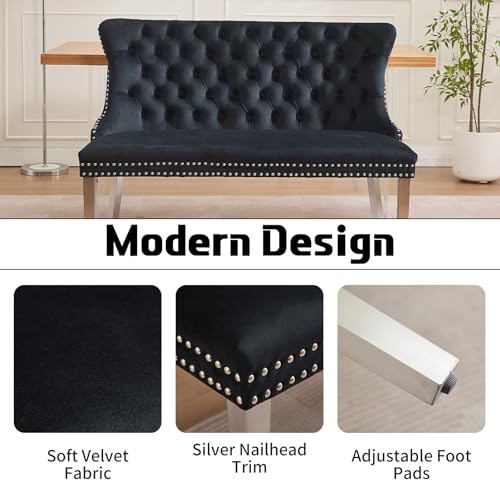 Black Velvet Dining Bench with Back, Tufted Banquette Seating, Silver Legs | Upholstered loveseat bench; tufted back; nailhead trim; 500 lb capacity; foam and spring seat; dining room or entryway - color: Black(silver Stainless Steel Legs)
