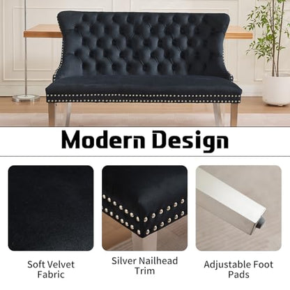 Black Velvet Dining Bench with Back, Tufted Banquette Seating, Silver Legs | Upholstered loveseat bench; tufted back; nailhead trim; 500 lb capacity; foam and spring seat; dining room or entryway - color: Black(silver Stainless Steel Legs)