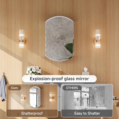 20"x32" Oval Bathroom Medicine Cabinet with Mirror, Reversible installation | Recessed or Surface Mount Medicine Cabinets with Adjustable Glass Shelves, Soft-Closed Hinge, Chrome Aluminum Frame - size: 20" x 32"