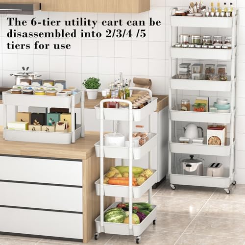 Sywhitta 6-Tier Plastic Rolling Utility Cart with Wheels for Storage,White | Multi-Functional Storage Trolley, for Office, Living Room, Kitchen, Bathroom,Movable Organizer,Space-Saving,Easy to assemble - color: White, size: 6-tier