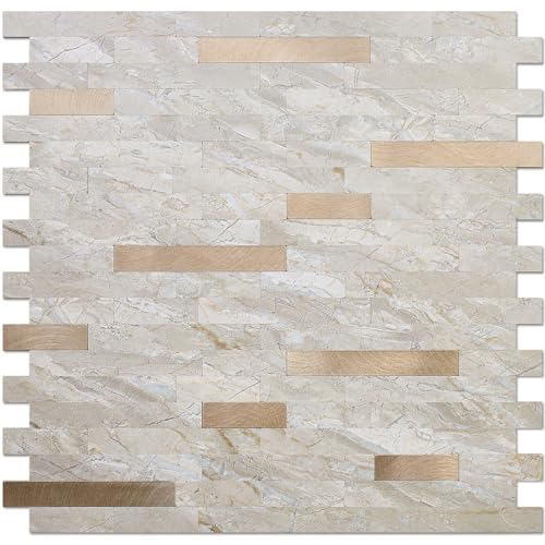 DICOFUN 10 Sheets Marble Look Peel and Stick Backsplash Wall Tile, PVC Kitchen Backsplash Peel and Stick in Light Brown, 9.4 sq.ft - color: Light Brown and Metal Gold, size: 10 Sheets, 12’’x12’’x0.12’’