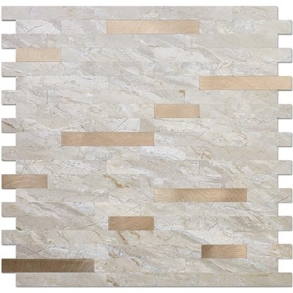 DICOFUN 10 Sheets Marble Look Peel and Stick Backsplash Wall Tile, PVC Kitchen Backsplash Peel and Stick in Light Brown, 9.4 sq.ft - color: Light Brown and Metal Gold, size: 10 Sheets, 12’’x12’’x0.12’’