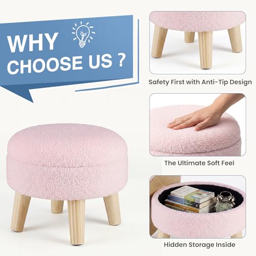 DUMOS Round Storage Ottoman with Reversible Tray Lid, Multi-Functional Footrest, Teddy Velvet Footstool with Wood Legs, Small Coffee Table for Living Room, Bedroom, Pink - color: Pink