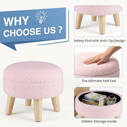 DUMOS Round Storage Ottoman with Reversible Tray Lid, Multi-Functional Footrest, Teddy Velvet Footstool with Wood Legs, Small Coffee Table for Living Room, Bedroom, Pink - color: Pink
