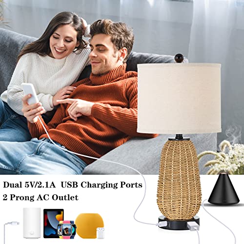 CINSARY Touch Control Rattan Table Lamp, 3 Way Dimmable Bedside Lamp for Bedroom with 2 USB Ports and AC Outlet, Nightstand Lamps for Living Room(LED Bulbs Included), Grass-1PK - color: Grass-1PK