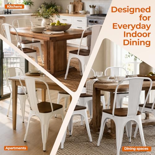 Arctic White Color,Metal Dining Chairs Set of 2 with Wooden Seat | Iron Stackable Industrial Tolix Style Outdoor Farmhouse Kitchen Cafe - color: Arctic White