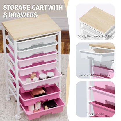 Rolling Cart with 8 Drawers, Storage Drawers Cart with Wooden Tabletop and Lockable Wheels, Craft Storage for Living Room, Office, Classroom, Craft Room, Bedroom - color: Pink