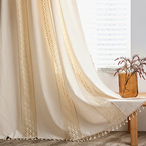 Deeprove Boho Curtains 63 Inches Length for Bedroom, Beige Hollow Crochet Polka Dots Stripes and Cream Cotton Linen Fabric Patchwork, Bohemian Tassel Semi-Blackout Window Drape 1 Panel, W59 x L63 - color: Beige 01, size: 59"W x 63"L (Pack of 1)