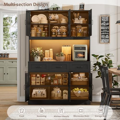 HOSTACK Kitchen Pantry Storage Cabinet, Tall Kitchen Hutch Cabinet, Black | 47"W Food Pantry Cabinet with Smart LED / Charging Station / Countertop / 3 Large Drawers, 72"H Storage Hutch, Dining Room - color: Black