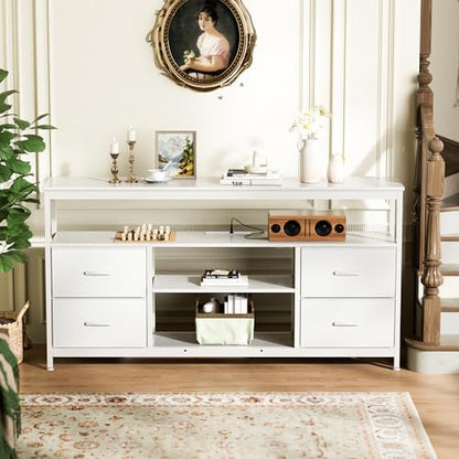 Huuger TV Stand Dresser with Power Outlets and LED Lights, 4 Drawers Entertainment Center with Shelves, 54 Inch Media Console for 55 60 Inch TV, 4 AC Outlets, 2 USBs, Dresser with PU Finish, White - color: White, size: 54 Inches
