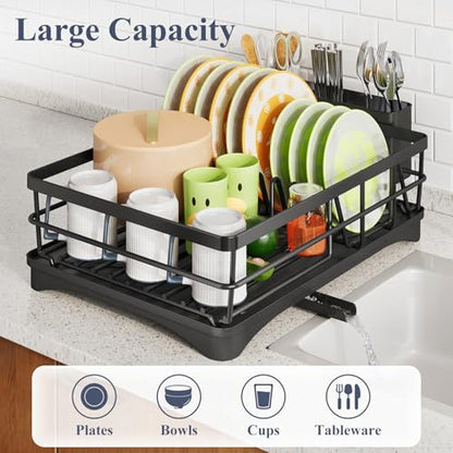 SAYZH Dish Drying Rack for Kitchen Counter with Utensil Holder, Black | Stainless Steel, Large Capacity, Angled Drainboard, Rotating Spout, Removable to Clean - color: Black