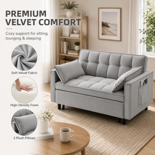 3 In 1 Velvet Convertible Sofa Bed, Pull Out Couch Bed with Reclining Backrest And 2 Pillows, 54" Full Size Loveseat Sleeper Sofa Futon Couch Bed, Couches For Small Spaces, Living Room (Silver Grey) - color: Silver Grey