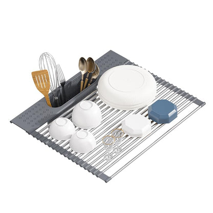 Roll Up Dish Drying Rack Over Sink, 20" X 15.2" Foldable SUS304 Stainless Steel Kitchen Dish Drainer, Heat-Resistant Multipurpose Rolling Sink Rack Organizer, Grey - size: Grey（20" X 15.2"）