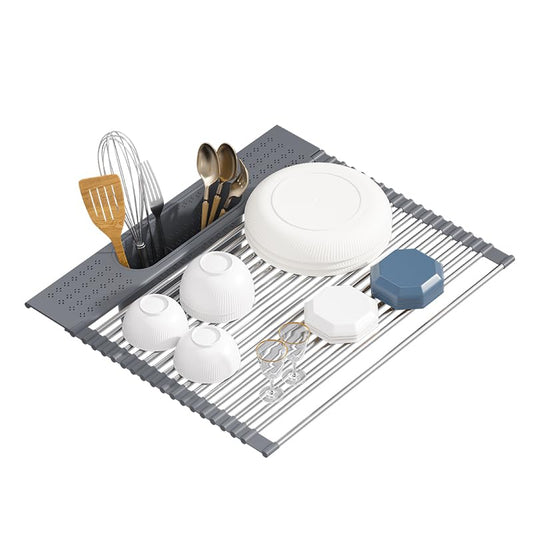 Roll Up Dish Drying Rack Over Sink, 20" X 15.2" Foldable SUS304 Stainless Steel Kitchen Dish Drainer, Heat-Resistant Multipurpose Rolling Sink Rack Organizer, Grey - size: Grey（20" X 15.2"）