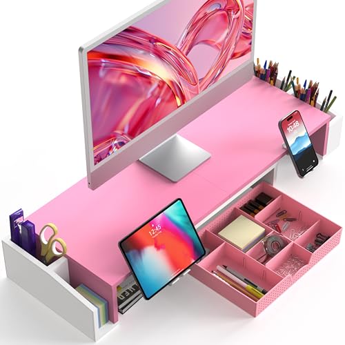 Simple Houseware Desk Dual Monitor Stand Riser with Drawer, Pink | Customizable Organizer Tray, Built-In Phone & Tablet Slot and Side Storage - color: Pink