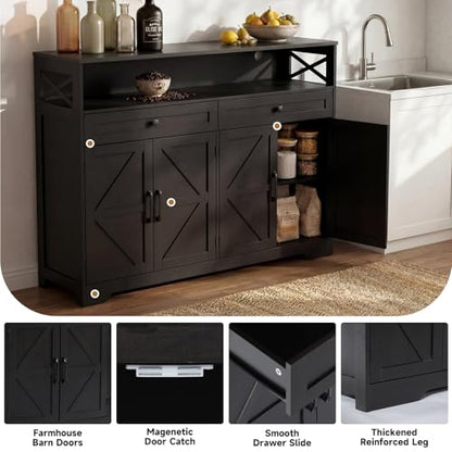 Lahomie 47" Sideboard Buffet Storage Cabinet, Coffee Bar Cabinet,Dark Brown | Coffee Bar Station with Power Outlet, Farmhouse Sideboard with 2 Drawers Adjustable Shelves Open Shelf, Kitchen, Living Room - color: Dark Brown, size: 47"W