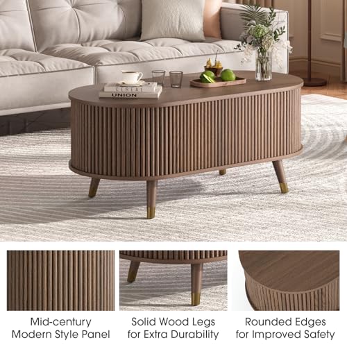 SULIVES Oval Coffee Table with Storage, Multifunctional Lift Top Drum Coffee Table, Small Fluted Center Table for Living Room, Walnut - color: Walnut_oval
