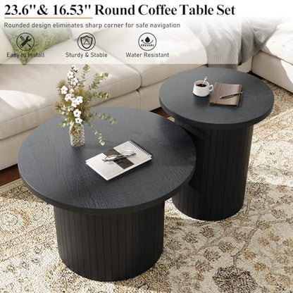 Nesting Coffee Table Set of 2, Mid Century Modern Round Coffee Tables, Wood Slat Side Table Set for Living Room, Office, Balcony, Textured Black - color: Black