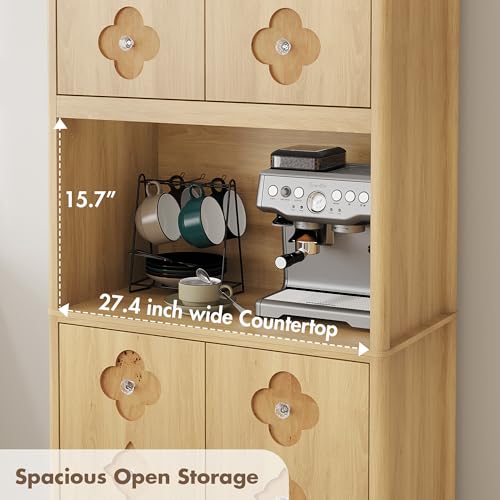 Garvee 72" Tall Pantry Cabinet, Kitchen Hutch Storage Cabinet with Countertop for Microwave, Freestanding Wooden Cupboard with Carved Door & Crystal Handle, for Dining Room, Living Room, Light Oak - color: Light Oak